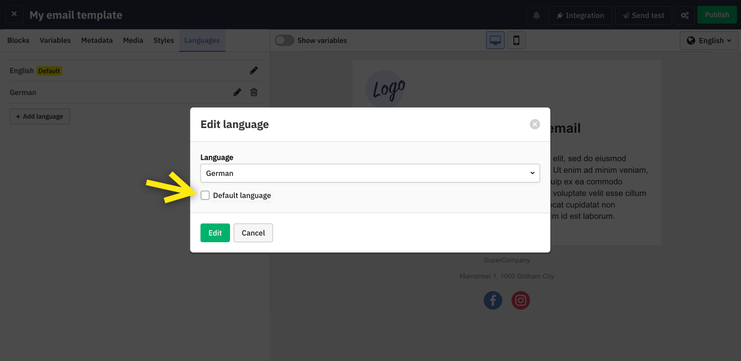 Default language checkbox